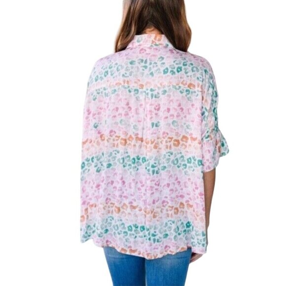 Entro NWOT Spotted Multi Button Top Colorful Leopard Print Oversized Lagonlook S - Picture 5 of 10